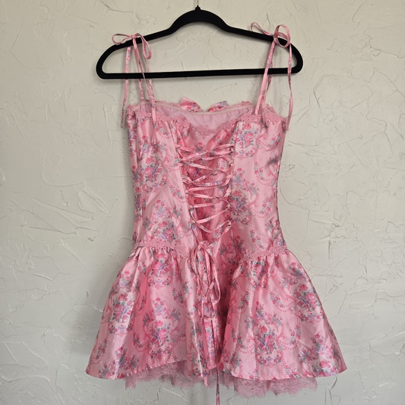 Sugar Thrillz Pink Floral Taffeta Corset Bow Dress, S - Picture 7 of 12